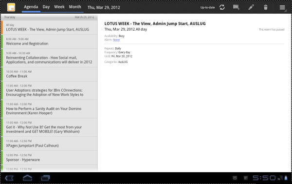 IBM Lotus Traveler Android Tablet: Agenda view