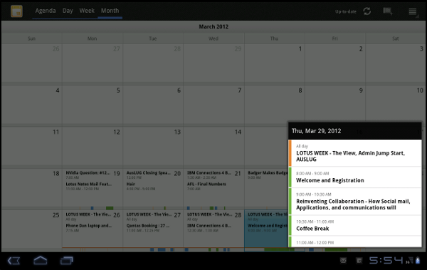 IBM Lotus Traveler Android Tablet: Month view with a day pop-up