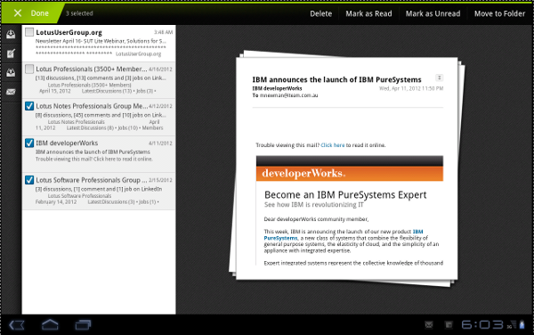 IBM Lotus Traveler Android Tablet: Selecting multiple messages