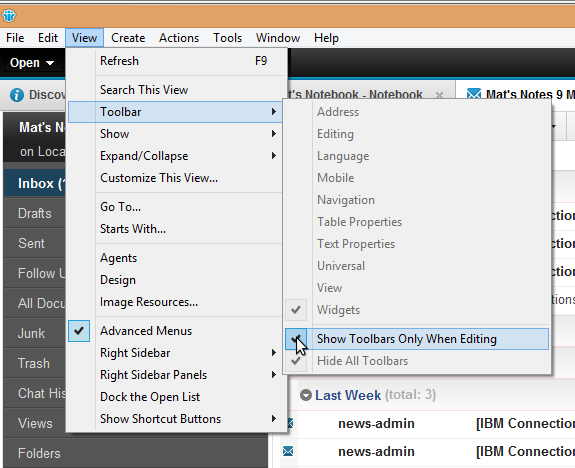 IBM Notes 9.0 - turning the Toolbars back on