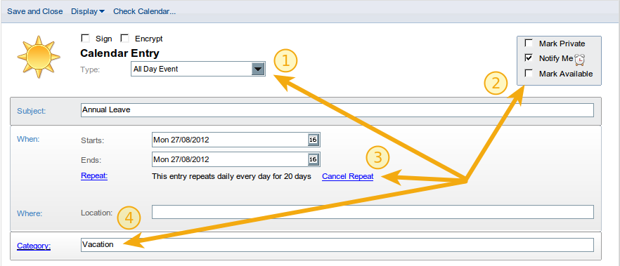 Settings to mark yourself busy and enable OOO using your Lotus Notes calendar - click to enlarge