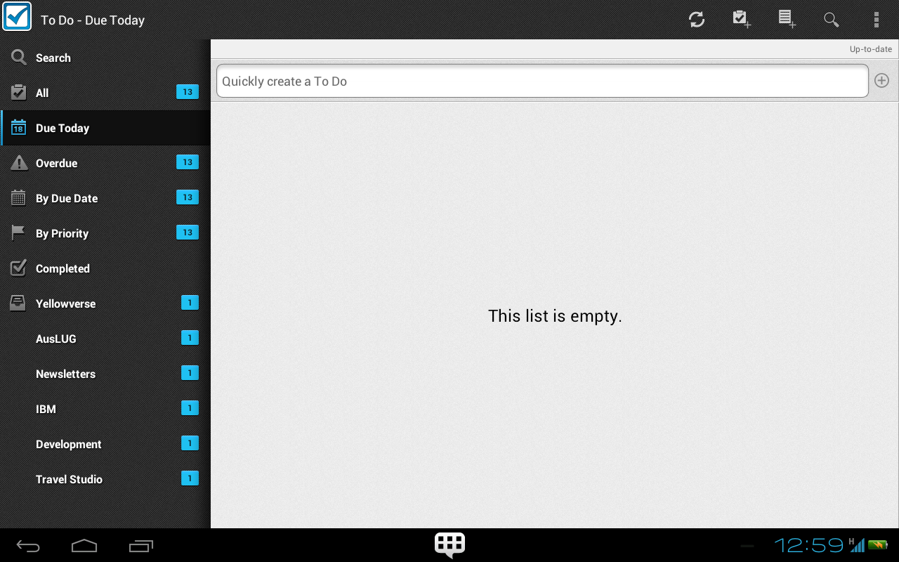 Figure 6: The NATIVE IBM Lotus Notes Traveler To-Do app for Android Tablet: